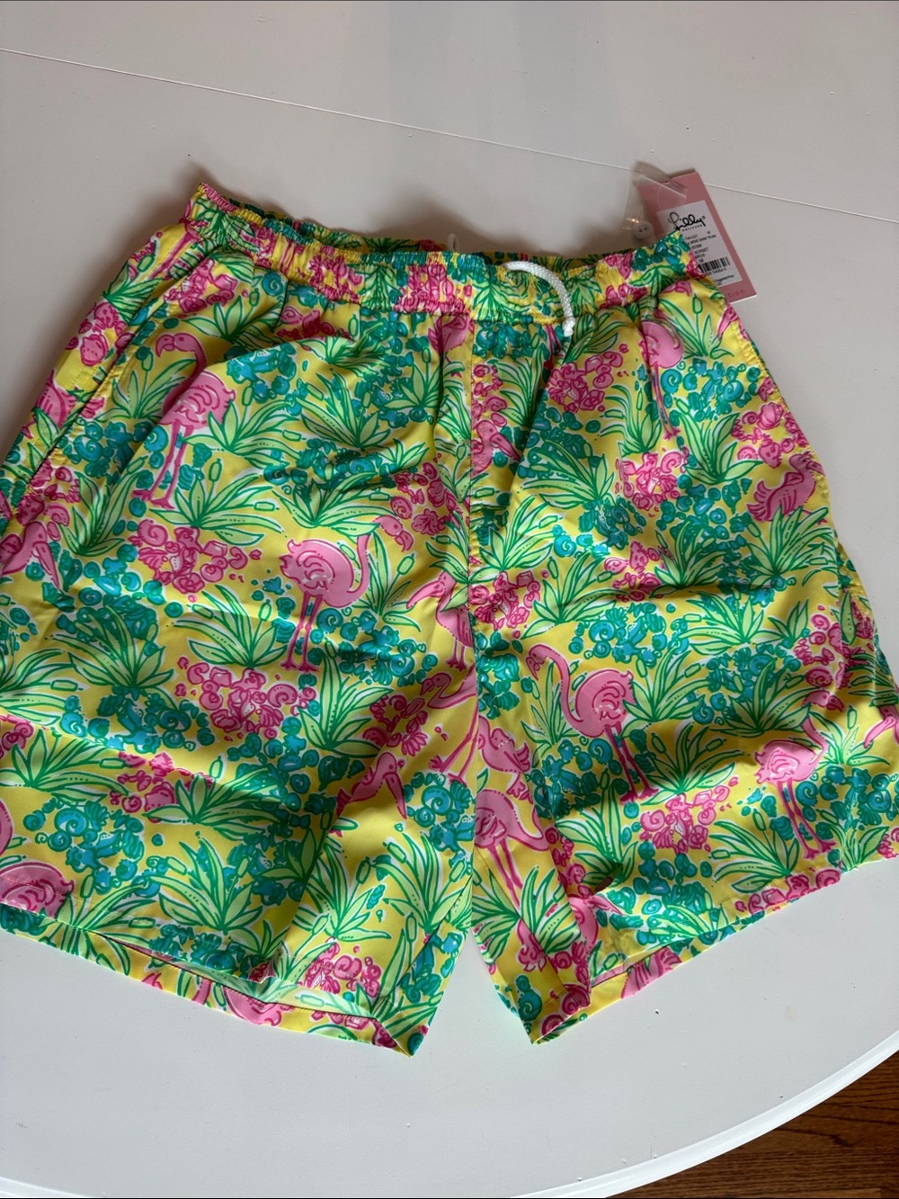 Men’s Lilly Pulitzer Yellow Swim Trunks with Pink Flamingo & Green Foliage